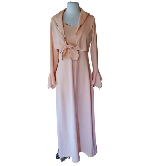 Vintage Dresses & Skirts - 1970s Unlabeled‎ Peach Polyester Maxi Dress w/Jacke